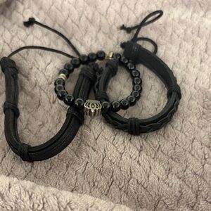 Black Beaded and Leather Bracelet Set